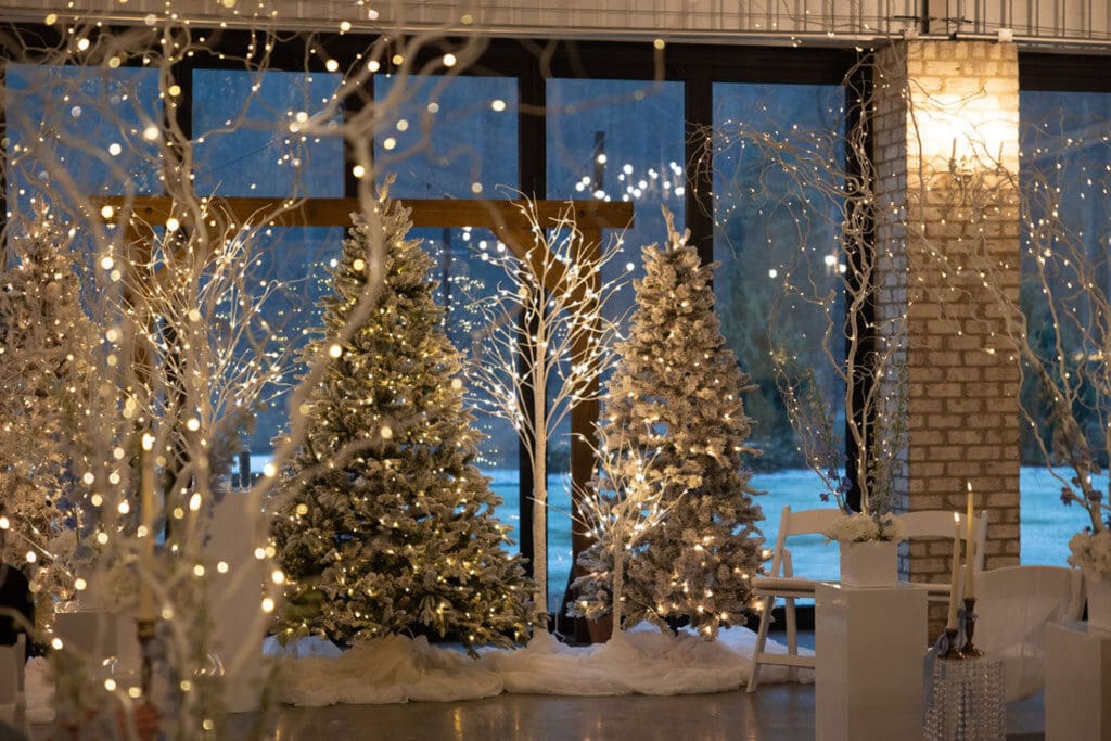 Winter wedding in North Carolina with frosted trees and winter decor